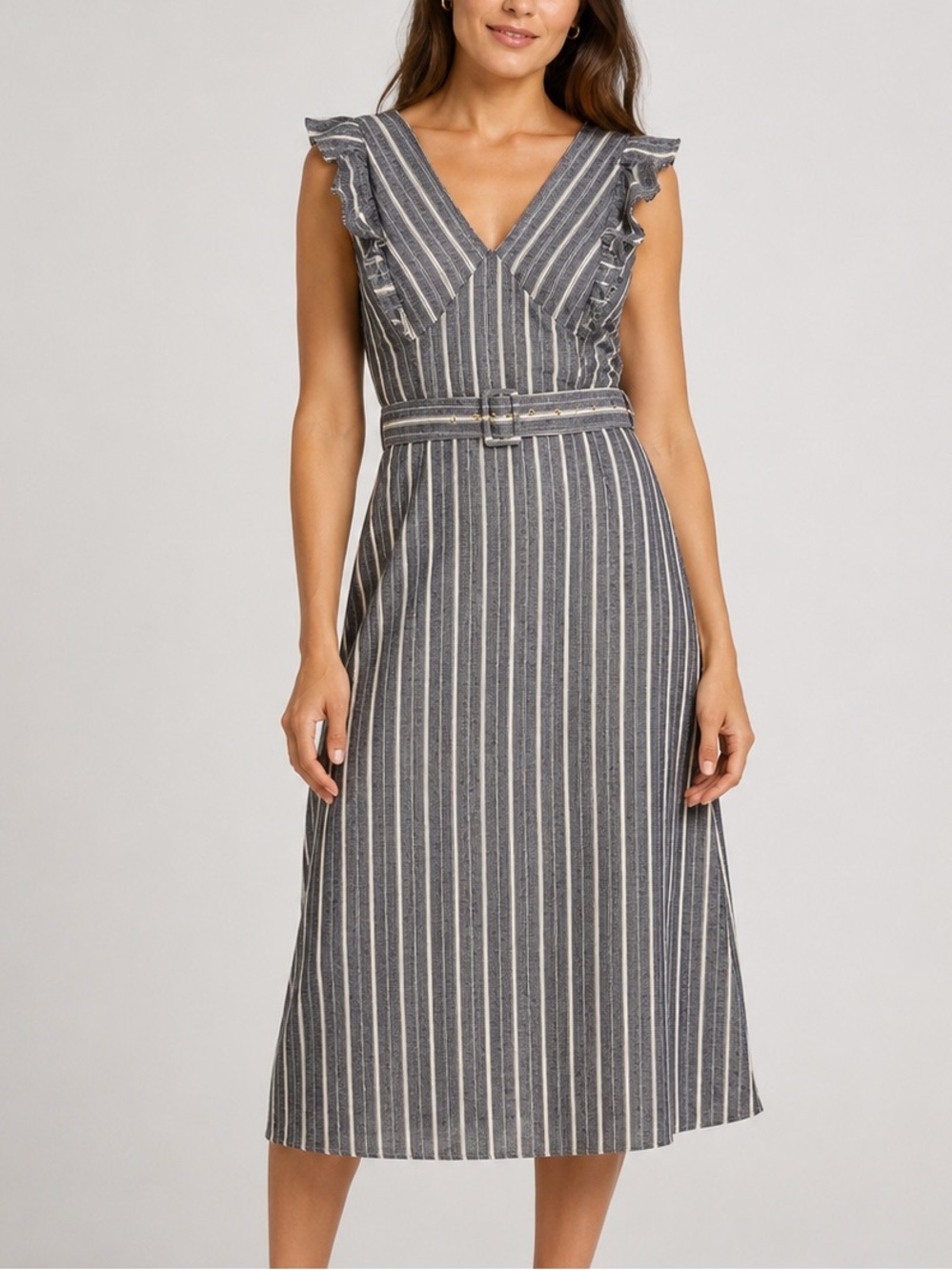 Michael Kors Linen Blend Striped Belted Midi Dress XS Navy Cream NWT